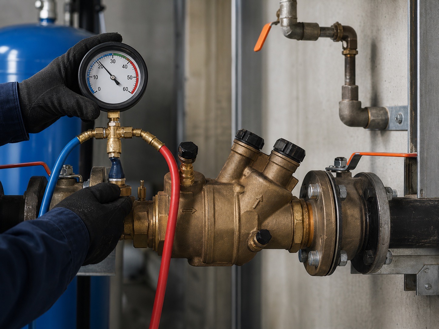 Close view of a pressure gauge connected to a backflow preventer