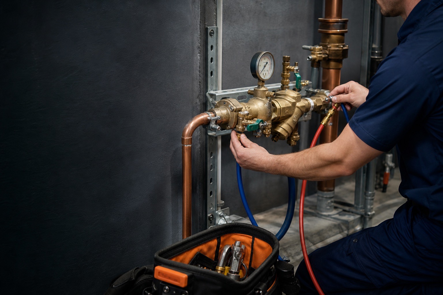 Technician testing a brass backflow prevention assembly with calibrated equipment